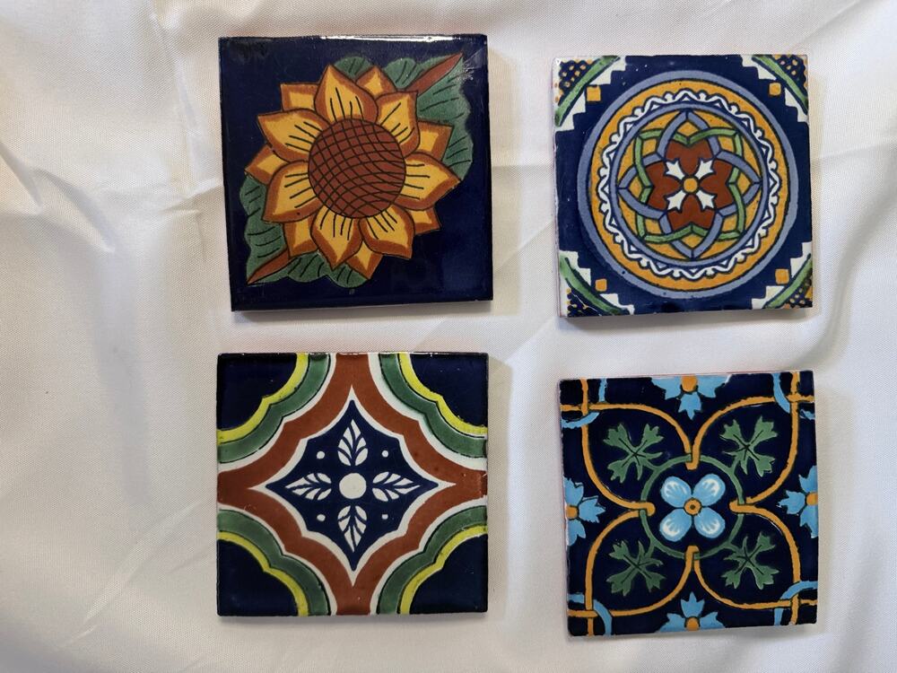 Set of 4 Mexican Clay Tile Coasters with Cork Background- Sunflower - Picture 3 of 3